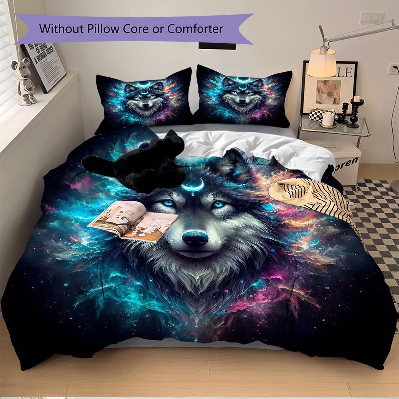 3pcs Moons and Vibrant Cosmic Flames Wolf Quilt Cover Set - Soft and Cozy Bedroom, Guest Room and Dorm Decorative Bedding