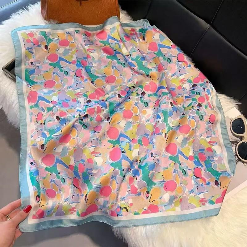 70x70cm Lightweight Cotton Silk Square Scarf With Boho Floral Print Breathable Neck Wrap Women