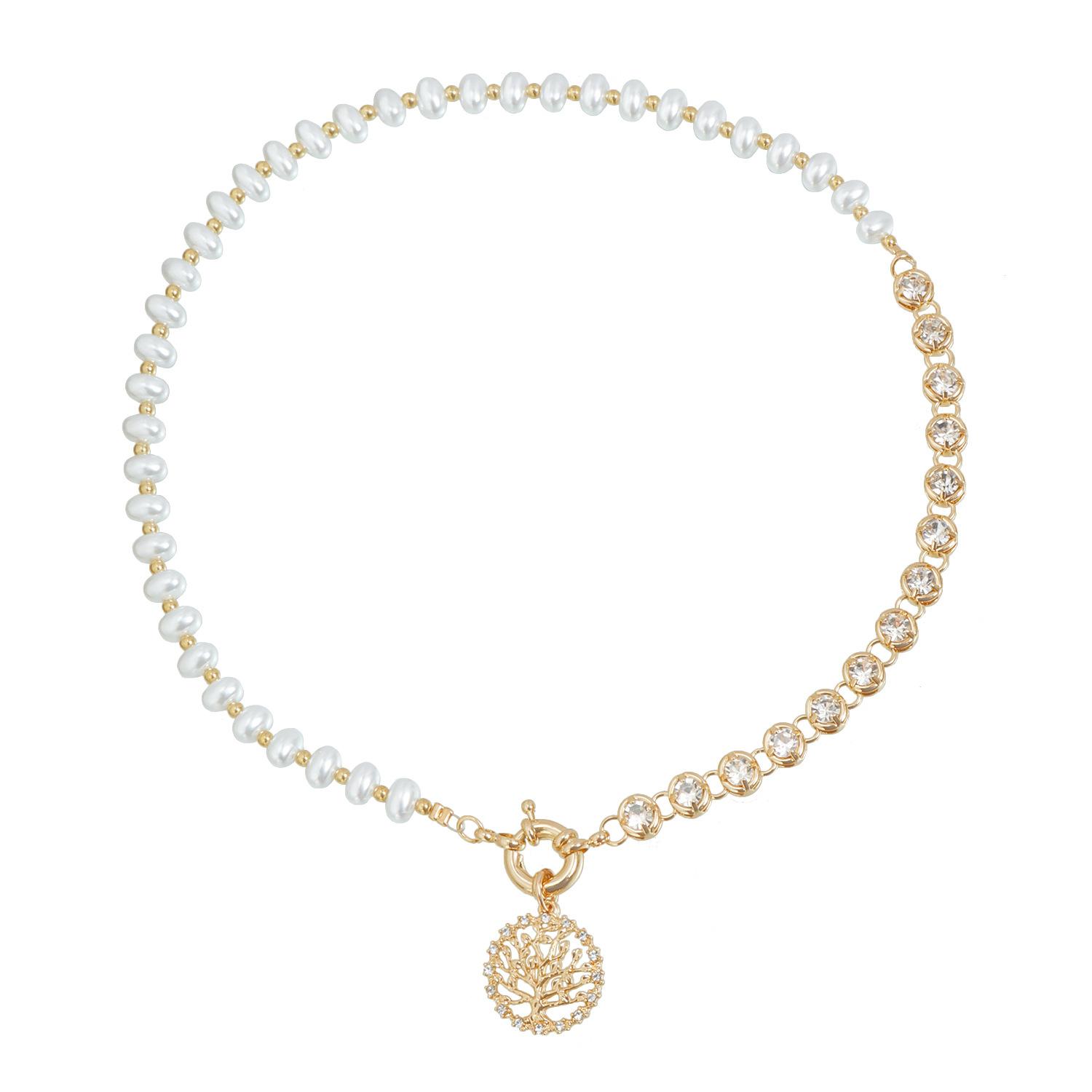 

Water drop pearl geometric diamond hollow tree of life necklace simple spring buckle золотой