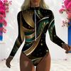 Womens Plus Size High Neck Front Zip Long Sleeve One Piece Printed Swimsuit Black Green Gold