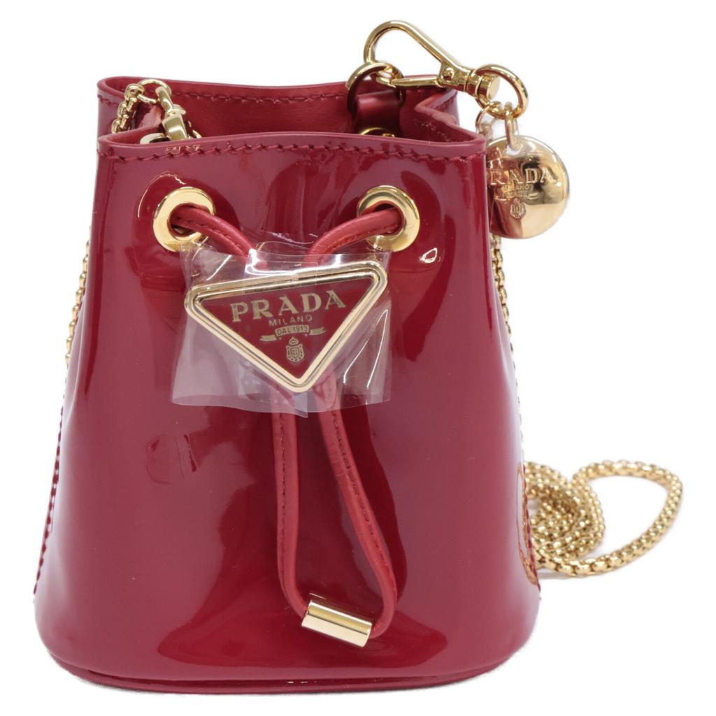 Prada Brand New, Unused 1NR016 Triangle Logo Patent Mini Pouch with Drawstring and Chain Shoulder Bag Cherry/GDHardwareUsed