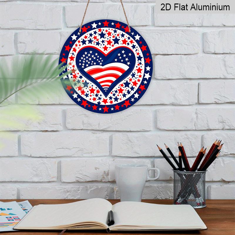 2D Flat, 1pc Round Patriotic Aluminum Hanging Sign, USA Flag Heart with Red White Blue Stars Design, Weatherproof Metal Wall Decor, Perfect for 4th