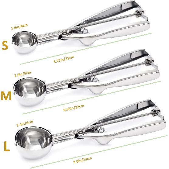 Ice Cream Scoop, 3Pcs Cookie Scoop Set, 18/8 Stainless Steel Cookie Dough Scoop, Cookie Scoops for Baking Set of 3, Ice Cream Scooper with Trigger