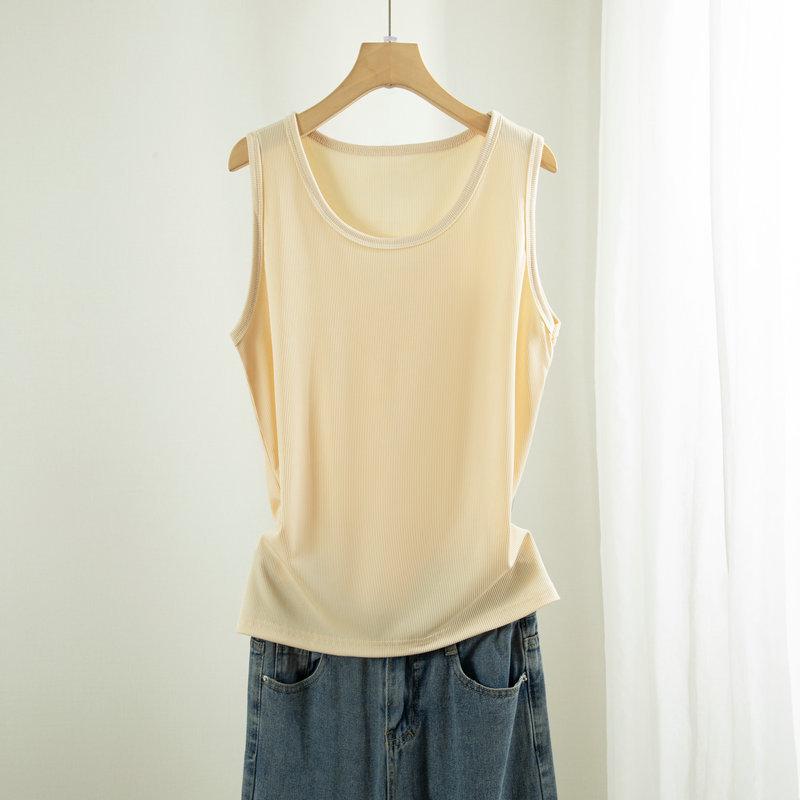 Women's Plus Size Ice Silk Ribbed Sleeveless Tank Top with Wide Shoulders, Round Neck, Ideal for Summer Outerwear or Innerwear.