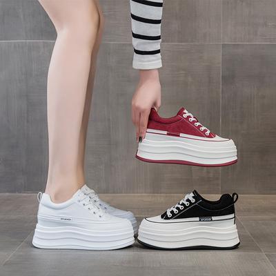 Inner Height Increase Small Women's Shoes Spring New Leather Breathable 8 Thick-soled Shallow Mouth Low-top Casual Board Shoes