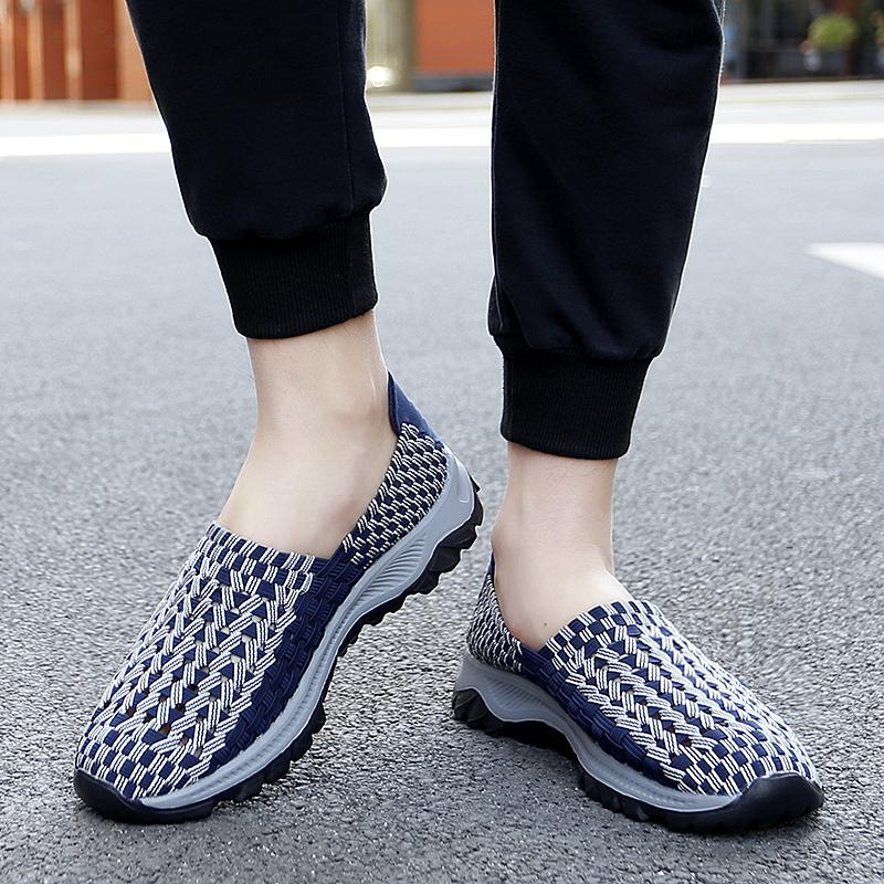 Summer Men Sneakers Braid Beach Shoes Casual Weave Blue Grey Breathable Slip on Flats Tennis Sneakers