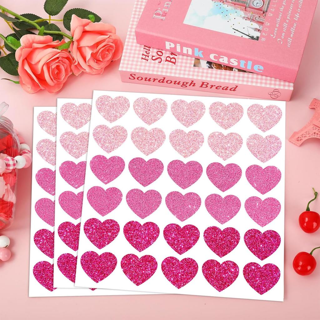 300Pcs Valentine's Day Glitter Pink Heart Stickers 1.5 Inch Sparking Adhesive Heart Stickers Arts and Crafts Decorative Envelope Seals for