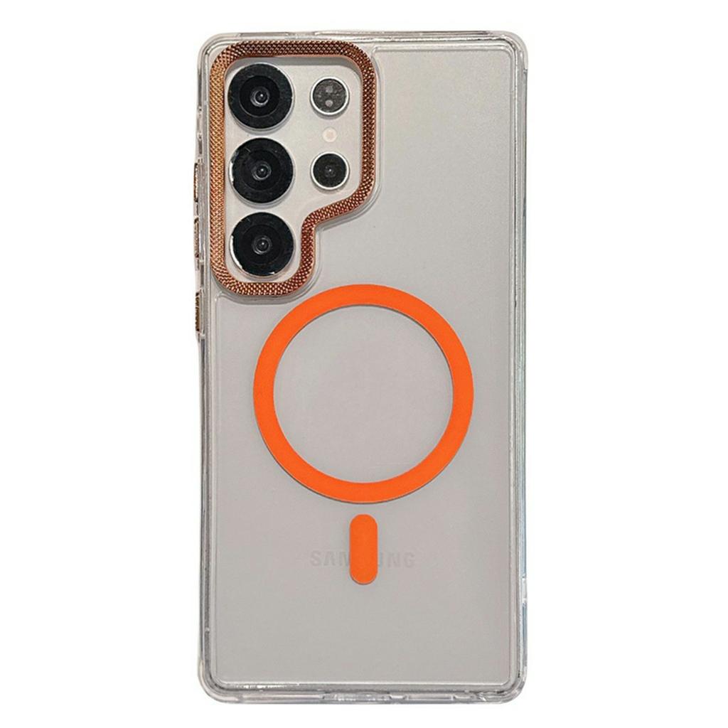 For Samsung Galaxy S24 Ultra Case Compatible with MagSafe PC+TPU Clear Phone Cover with Diamond Texture Lens Frame