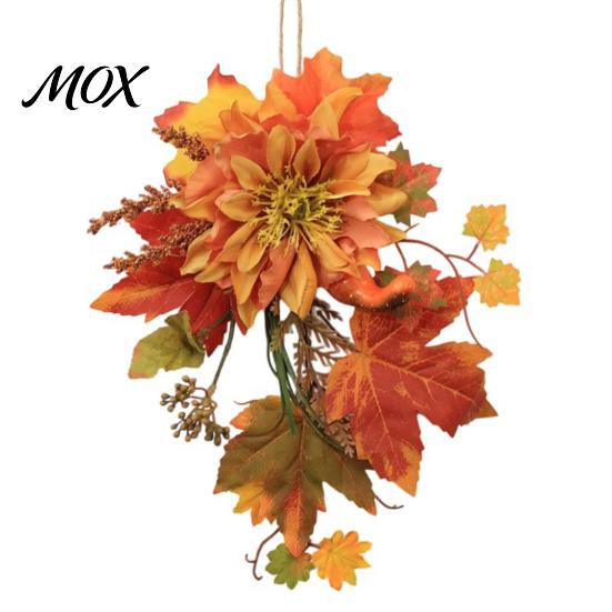 Thanksgiving Door Decor Artificial Maple Leaf Decoration, Autumn Decoration with Leaves Faux Dahlia, Exquisite Floral Rustic Hanging Ornament