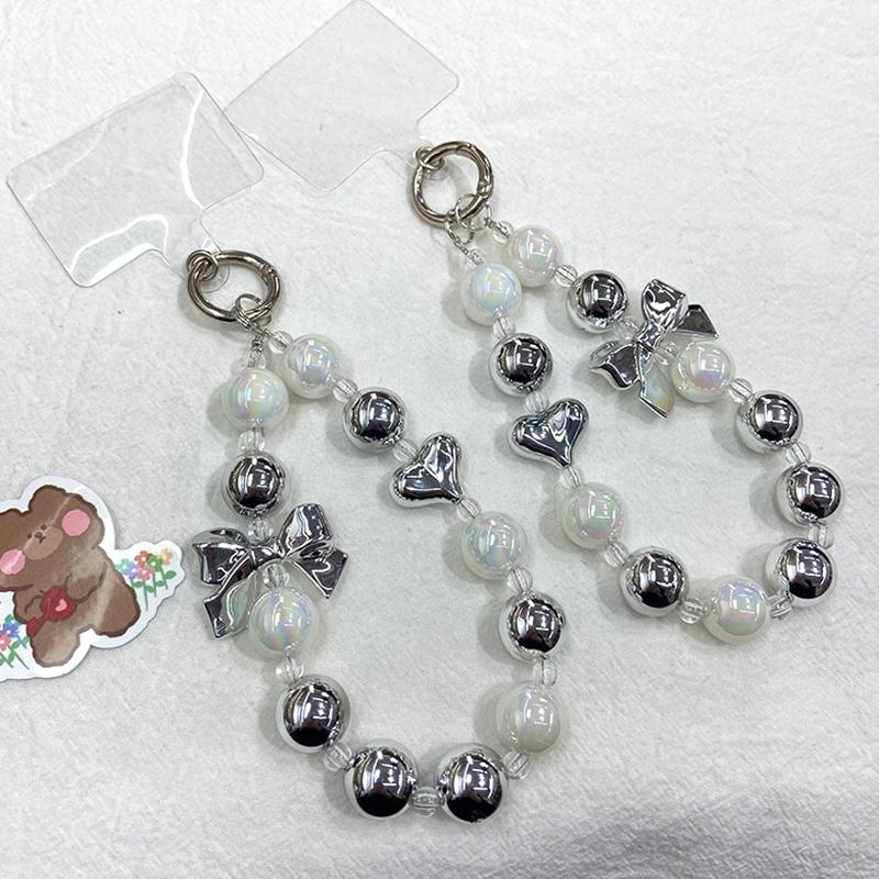 Y2K Silver Bow Beaded Phone Case Lanyard Stylish Bead Phone Chain Wrist Band Anti Lost Phone Strap Earphone Pendant Keychain