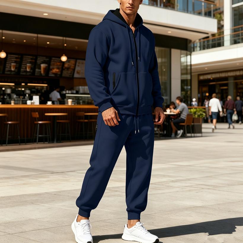 Ensemble de sport à capuche en polaire pour homme Automne Hiver Manches Longues Décontracté Fermeture éclair Thermique Confortable Respirant Vêtement d'extérieur