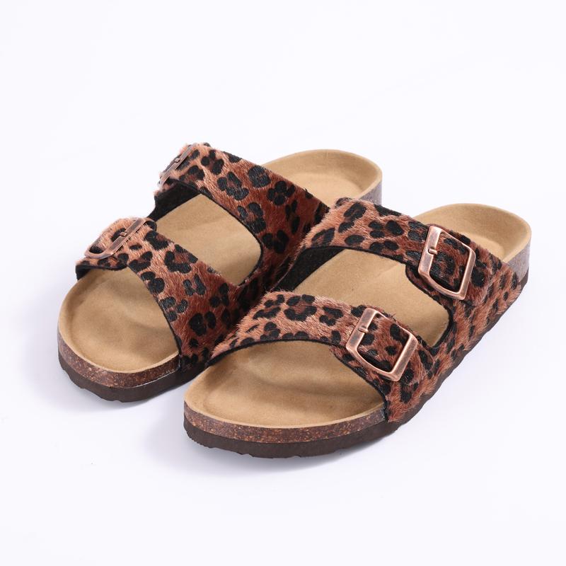 Fashion Litfun Classic Women's Sandals Casual Cork Footbed Flat Bottom Slippers Open Toe Leopard Designed Slides With Adjustable Buckle