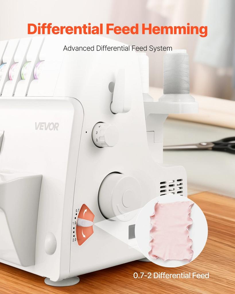 Serger Overlock Sewing Machine, 1250 Stitches Per Minute, 2-3-4 Thread Capability, 0.7-2 Adjustable Differential Feed, with Free Arm and LED Light,