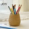 Makeup Brush Holder Faux Rattan Pen Holder, Woven Style Boho Pencil Storage Box Desktop Organizer, Multi-functional Resin Cup for Home Office