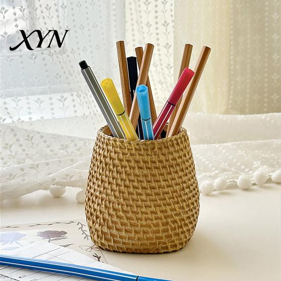 Makeup Brush Holder Faux Rattan Pen Holder, Woven Style Boho Pencil Storage Box Desktop Organizer, Multi-functional Resin Cup for Home Office