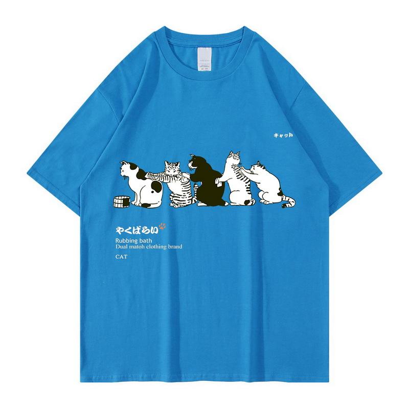 2023 Unisex Hip Hop T Shirt Streetwear Japanese Kanji Harajuku Funny Cat Women T-Shirt