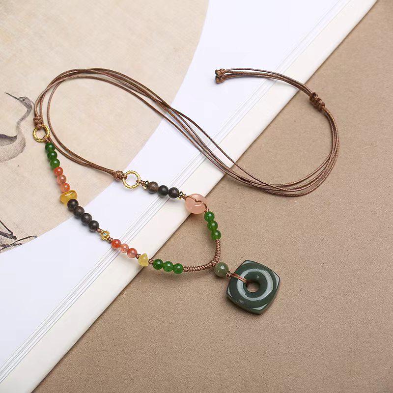 Colorful Handmade Chinese Hetian Jade Beaded Pendant Necklace with Adjustable Rope