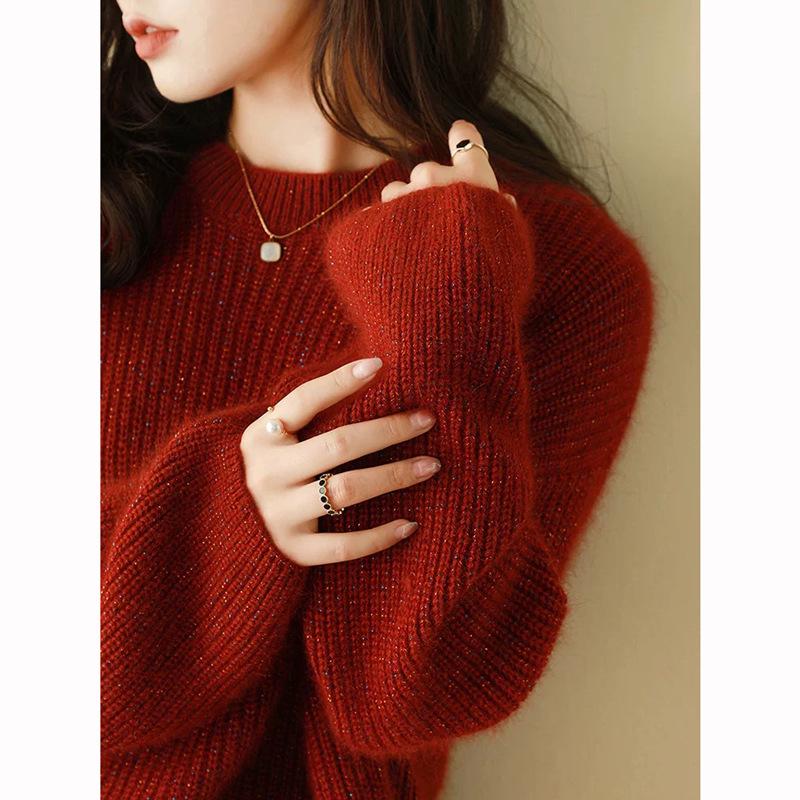 Autumn Winter Women's Loose Lurex Sweater - 100% Pure Wool, Red Round Neck, Trendy Lazy Style