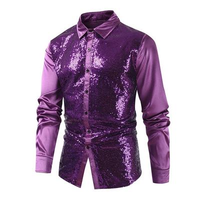 Men Shirt Shiny Sequin Turn-down Collar Single-breasted Long Sleeves Buttons Satin Club Party Stage