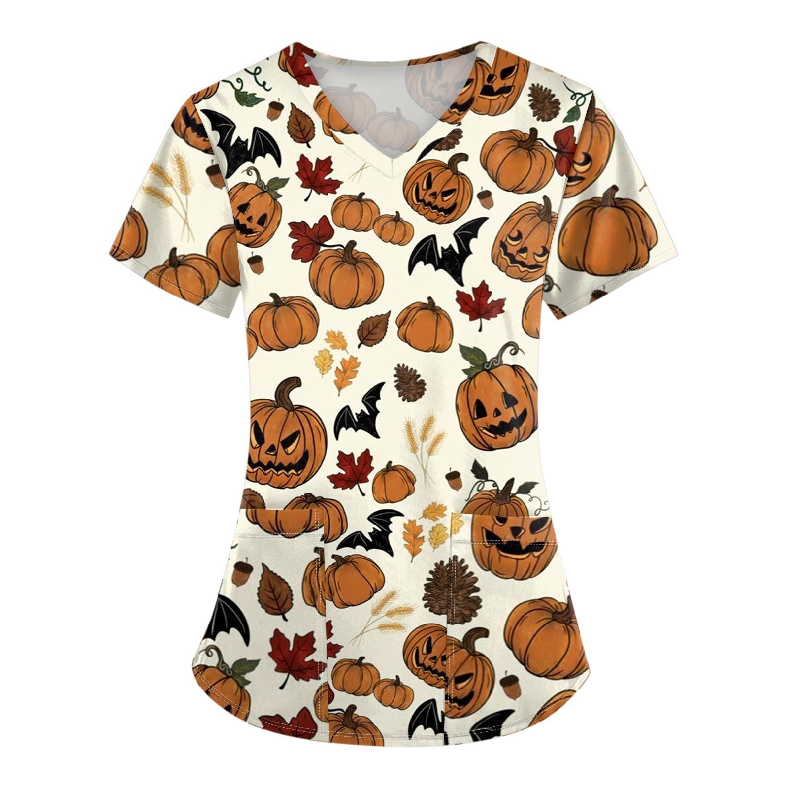 Женская униформа с коротким рукавом и принтом на Хэллоуин с V-образным вырезом и карманом — фото 9