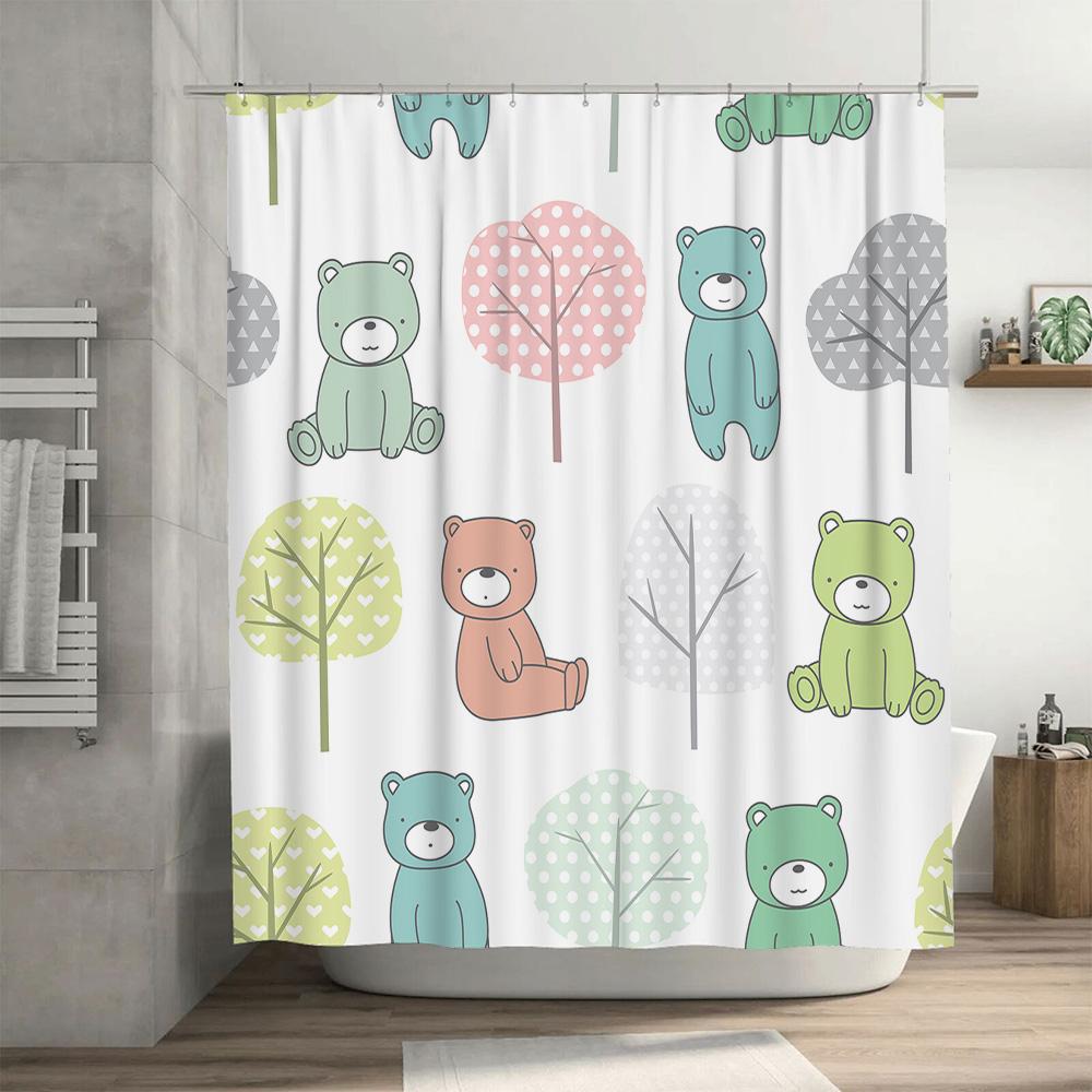 Teddy Bear Tree Print Shower Curtain For Bathroom Decor Green Blue Pink White Gray Home Decoration Waterproof Fabric Extra Long