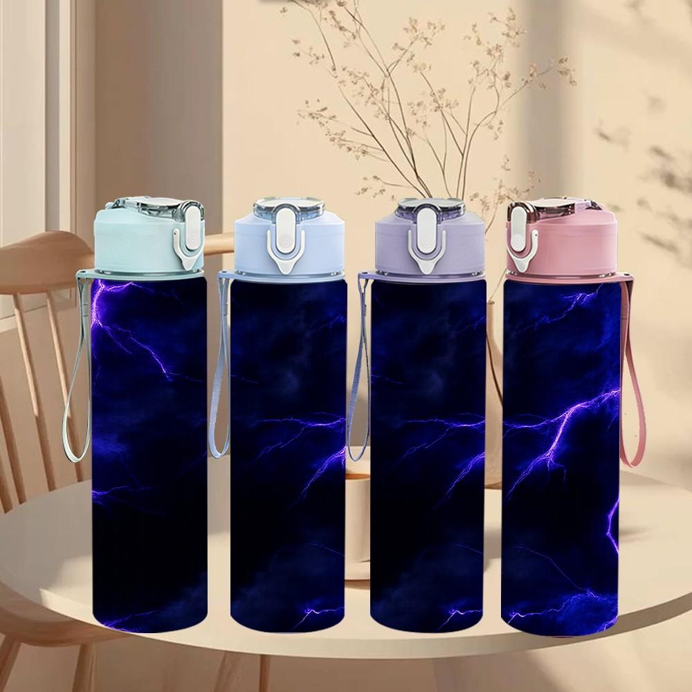 1PC Dark Blue Purple Lightning Storm Print 750ml Color Plastic Sports Water Bottle Leakproof Flip Straw Lid Suitable for Sports Office Home Use