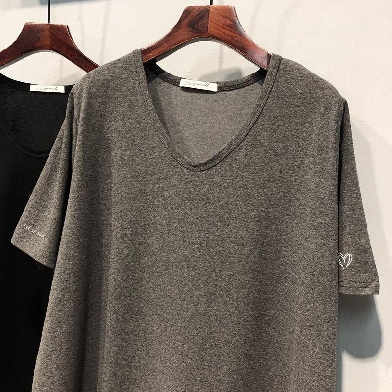 T-shirt Women Cotton Summer Casual Large Size Loose Solid Color V-Neck Pullover Short-sleeved Tops