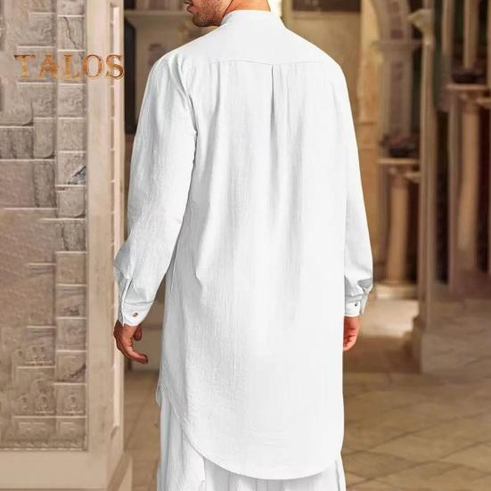 Men's Cotton Linen Kaftan Long Sleeve O-Neck Robe Solid Color Button-up Collar Thobe Breathable Arabic Clothing for Prayers Casual Wear