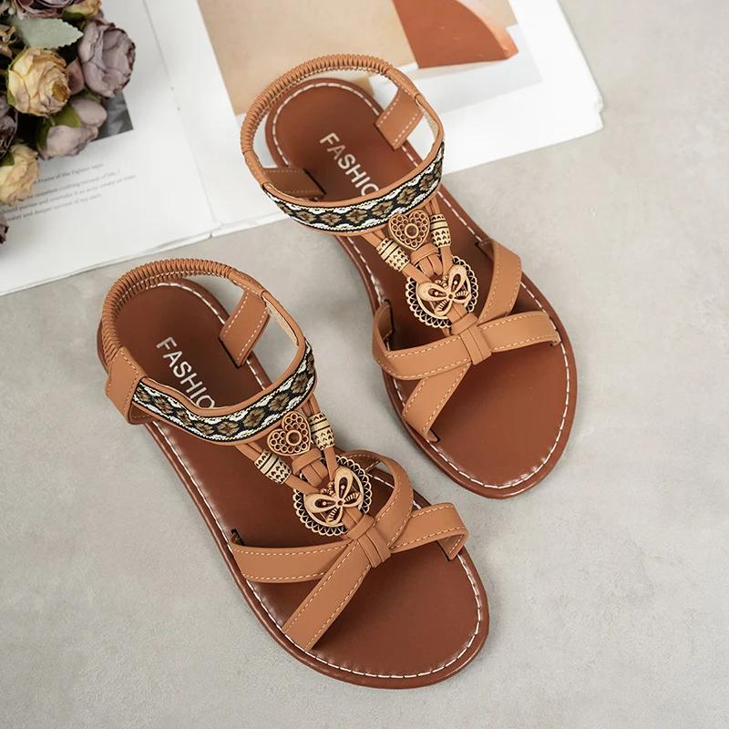Summer Bohemian Style Women's Flat Sandals Plus Size String Beaded Decor Casual Sandals Woman Comfortable Non Slip Beach Shoes