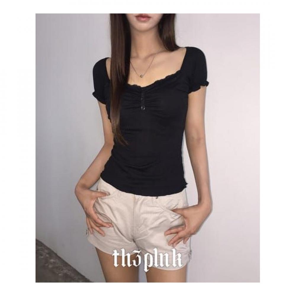 The Pink Women Slim FiT Lace Shirring BuTTon ShorT Sleeve T shirT