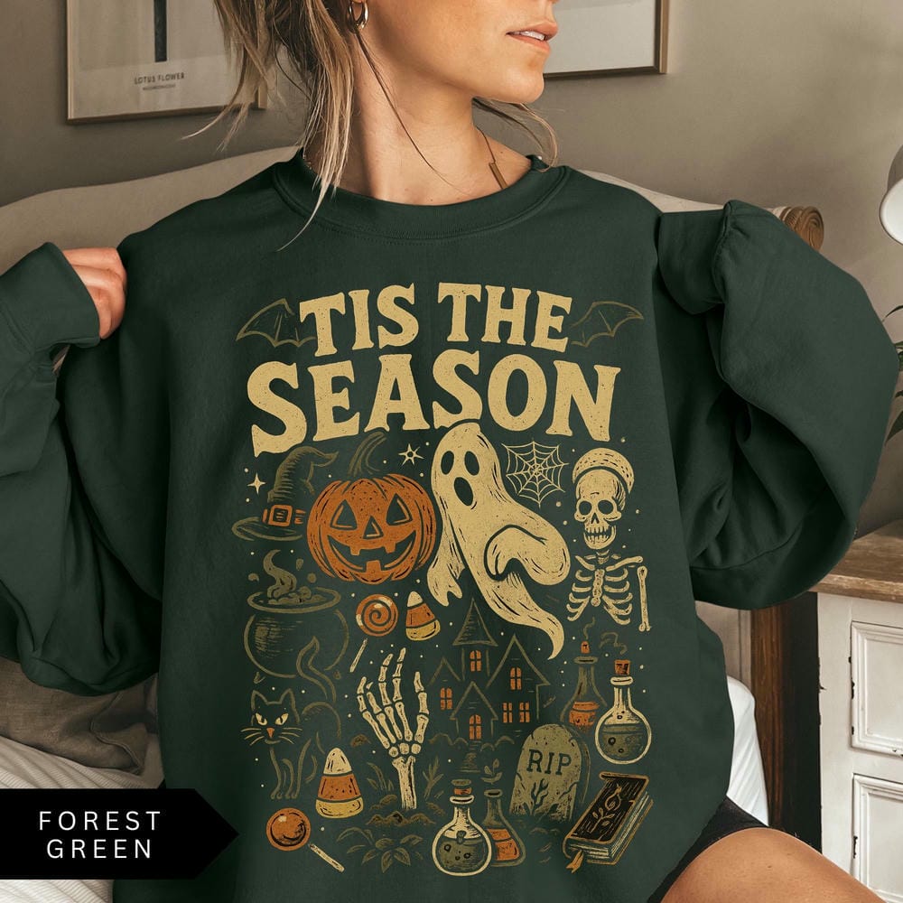Retro Halloween Sweatshirt Tis' the Season Vintage Halloween Aesthetic Pumpkin Ghost Sweatshirt Y2K Unisex Streetwear