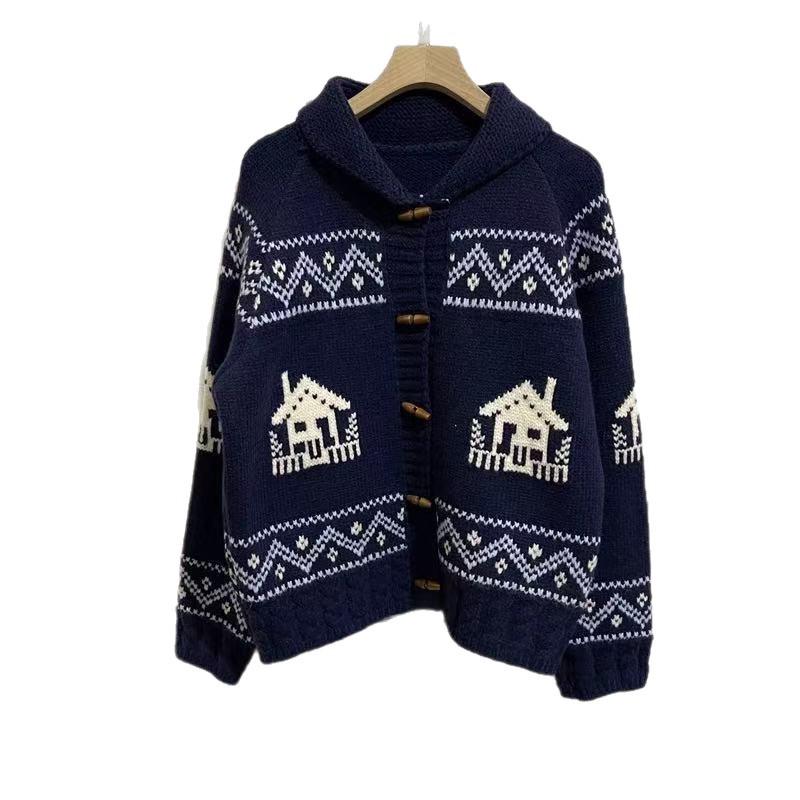 Korean Style Knit Horn-Button Jacquard Sweater Coat - Women's Retro Loose Cardigan for Autumn/Winter