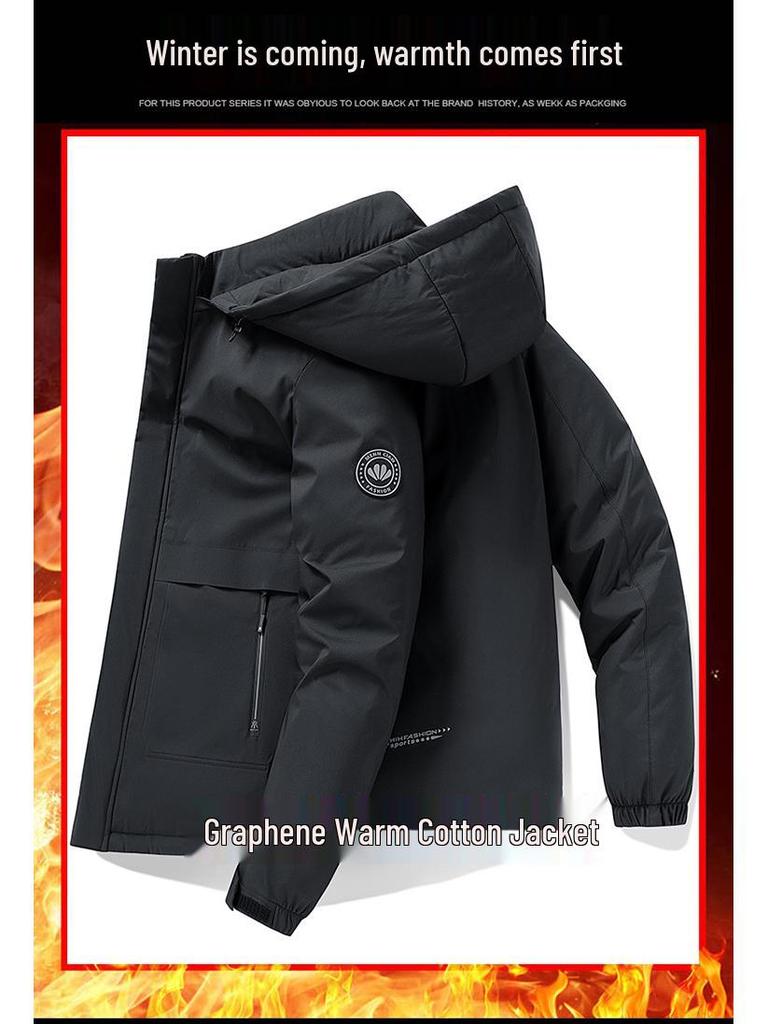 Men's Business Casual Down Jacket with Detachable Hood - Graphene Insulated, Thick Padded Cotton Coat for Winter