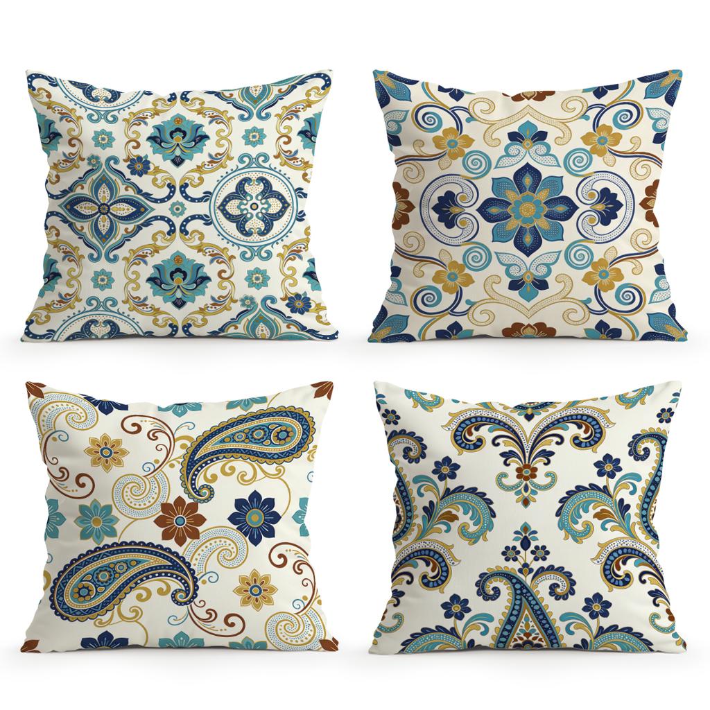 4 Pcs Bohemian Flowers Single-Sided Printed Pillowcase Cushion Cover,Suitable For Living Room,Bedroom,Car Decoration