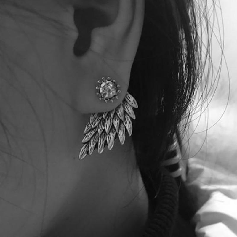 Women Retro Gothic Cool Jewelry Angel Wing Rhinestone Ear Jacket Earrings