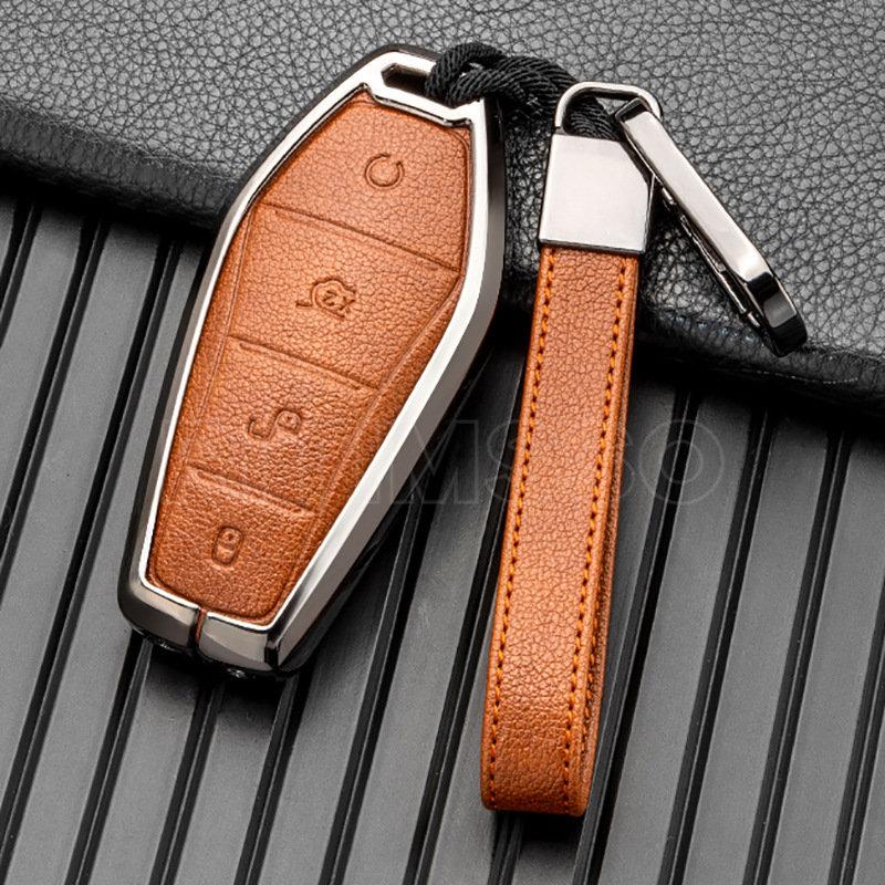 

Сплав + кожаный чехол для ключей от автомобиля, чехол для дистанционного ключа для BYD Tang DM 20 18, сумка для ключей, автоаксессуары, брелок для ключей, чехлы для ключей