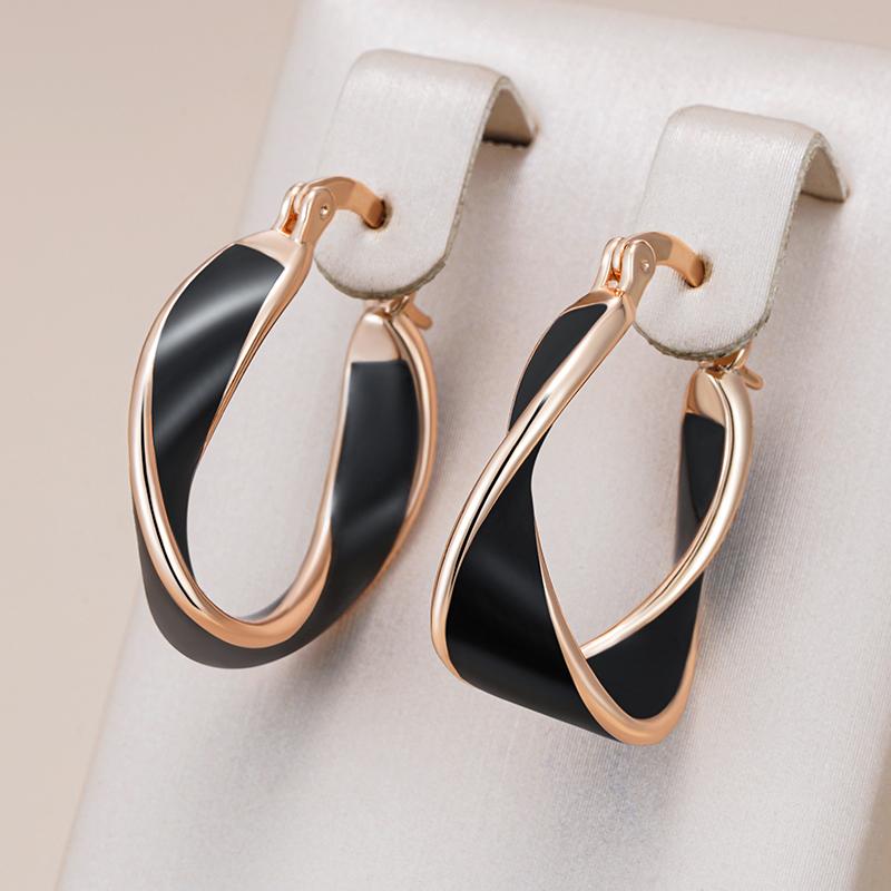 Kinel Fashion Black Enamel Hoop Earrings For Women 585 Rose Gold Girl Party Accessories Wedding Eardrop Jewelry