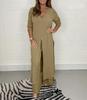 Women's V-Neck Long-Sleeve Slit Top with Wide-Leg Pants - Summer Solid Color Set