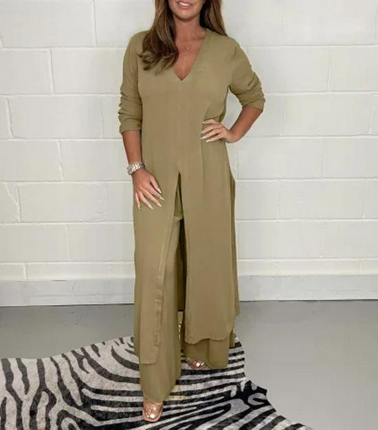 Women's V-Neck Long-Sleeve Slit Top with Wide-Leg Pants - Summer Solid Color Set