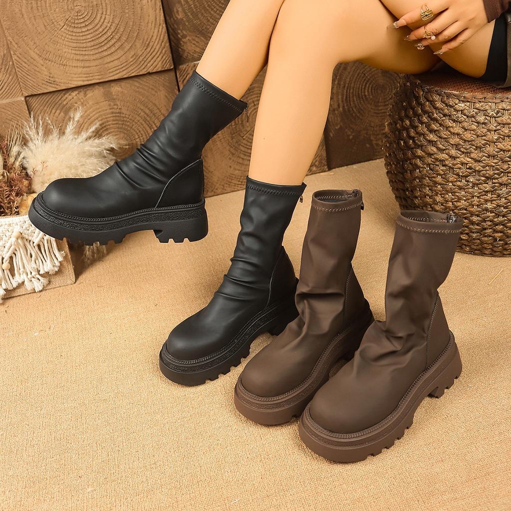 Thick-soled Martin Boots Women's 2025 New Elastic Thin Boots Versatile Thin Pleated Stacking Boots Cigarette Tube Women's Boots