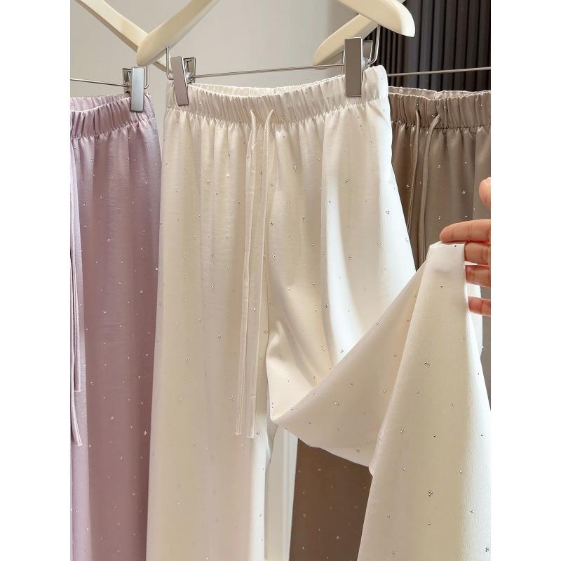 

Summer thin acetic acid satin hot diamond casual wide-leg pants women s small high waist drape cold silk floor pants M