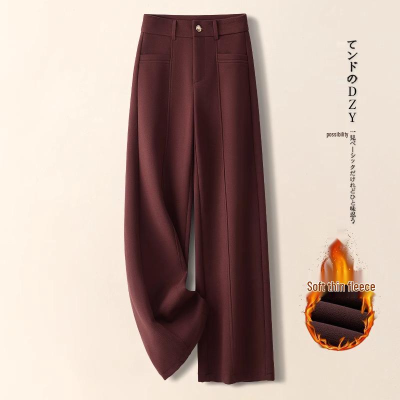 Ankola Women's Red Wool Wide-Leg High-Waisted Thick Trousers for Autumn/Winter 2024