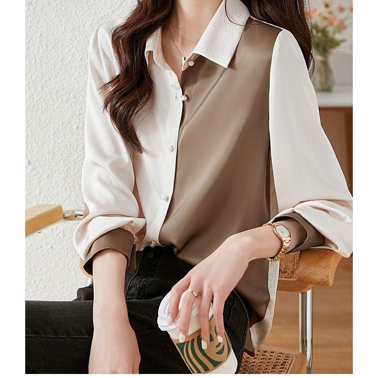 Women's Color Block Long Sleeve Shirt - Casual Loose Fit for Autumn and Spring