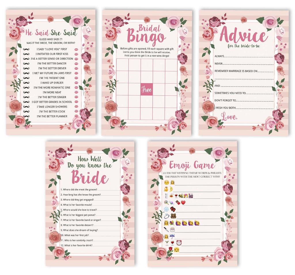 Inkdotpot Floral Theme Bachelorette Party Games Set Bundle of 5 (Activities for 50 Guests) Fun Bridal Shower Games Set