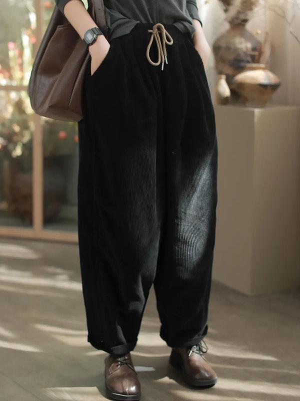 Women's Retro Corduroy Harem Pants - Elastic Waist, Lace-up, Patchwork, Plus Velvet, Thickened for Spring/Autumn