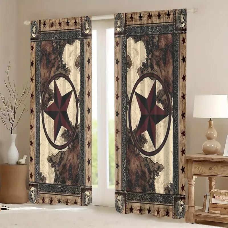 2PCS Retro Star Wen Printed Curtains, Polyester Material Design with Rod Bags, Bedroom, Home Decoration