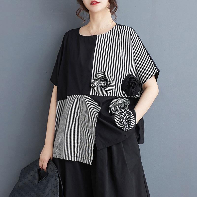 Camiseta holgada informal de verano de manga corta de algodón negro de gran tamaño para mujer