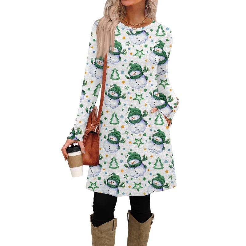 Women'S Dress Christmas Long-Sleeved Dresses Printed Round Neck Fashion Casual Dresses Pockets Decorative Buttons Autumn Winter