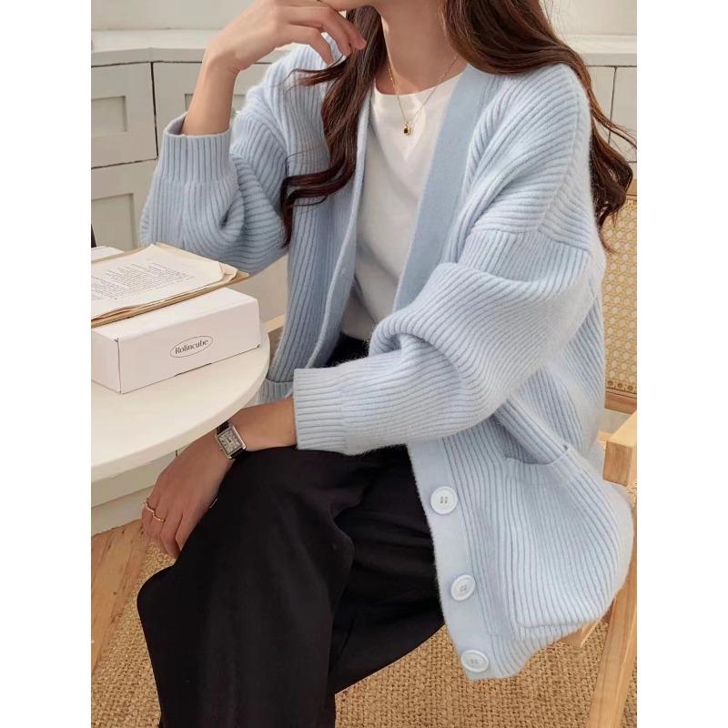 Loose and lazy wind V-neck sweater cardigan women's autumn and winter simple solid color versatile medium and long knitted jacket women