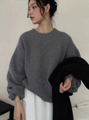 Dame Ribbet Rundhalset Uldsweater - Løs, Figursnugende Strikket Pullover, Ny Mode Stil